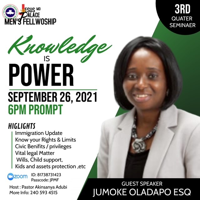  Poster/ Flyer of the 3rd Quarter Seminar about Knowledge is Power on September 26, 2021 by Jumoke Oladapo